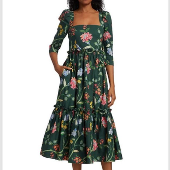 Cara Cara Blue Hill Dress Green Floral Print Long Dress Size 2